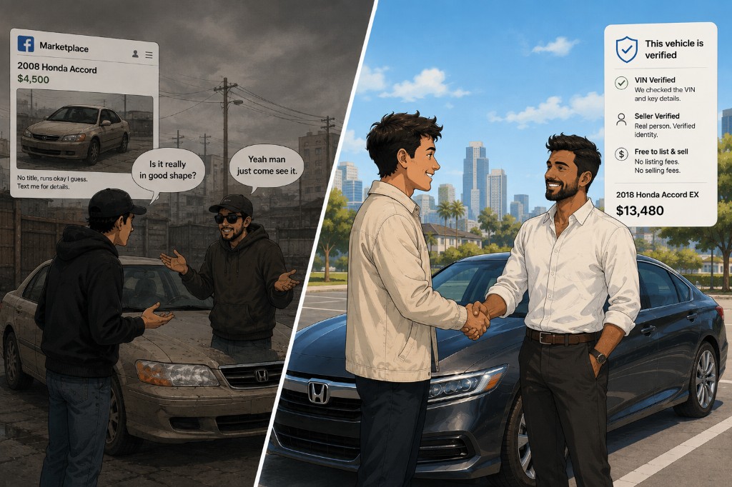 Comparison of a sketchy car sale versus a verified USACarMarket listing